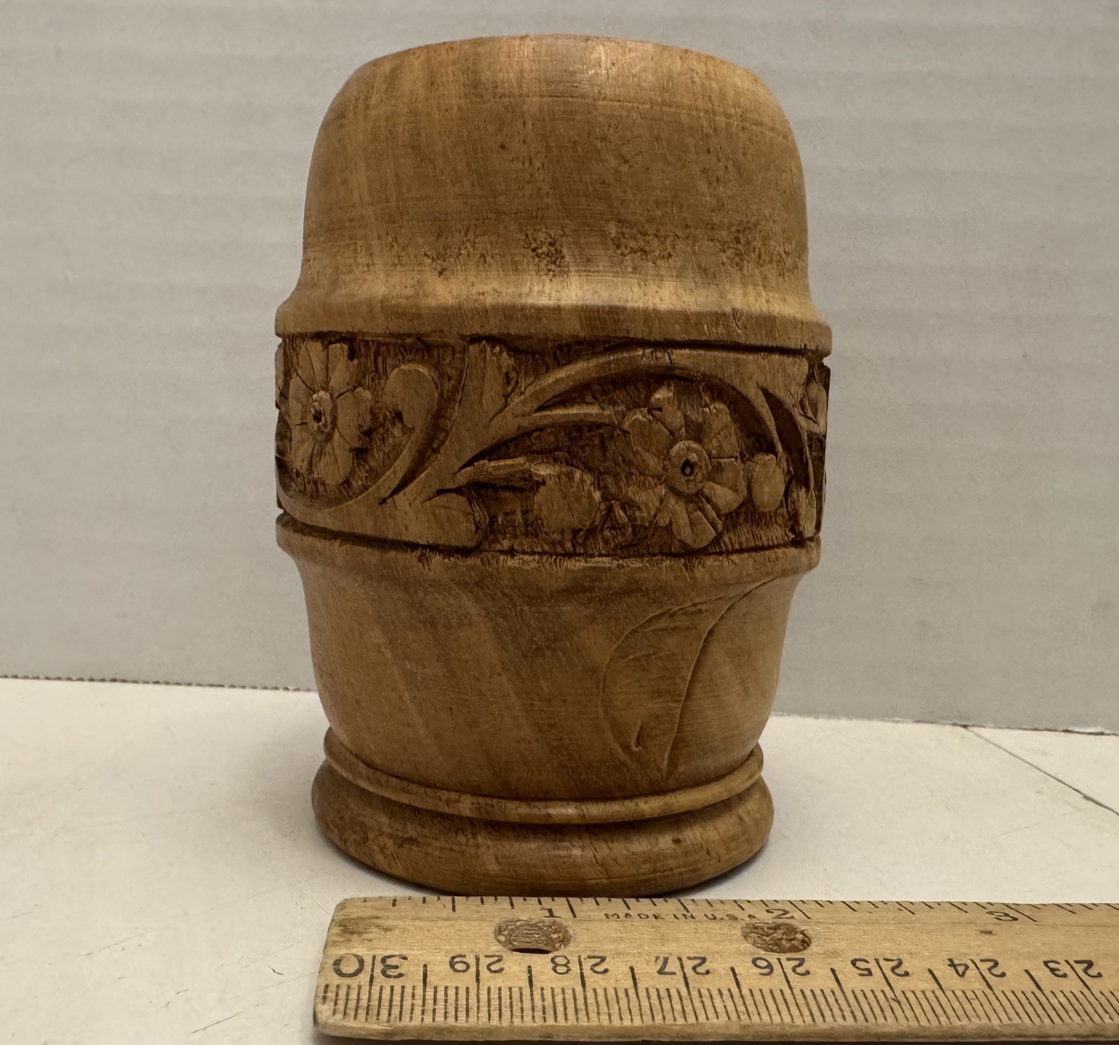 Hand-Carved Pen Holder – Floral Wooden Desk Organizer Cup Made in India