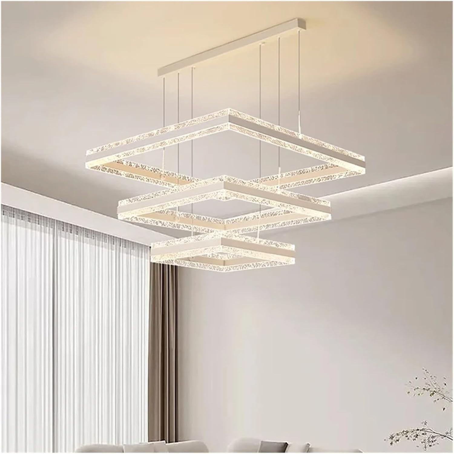 3-Ring Square LED Chandelier Modern Ceiling Light Remote Dimmable Fixture