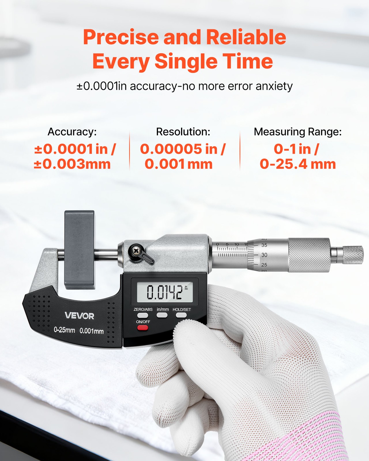 VEVOR Digital Outside Micrometer 0-1in Range 0.00005in Resolution LCD Screen