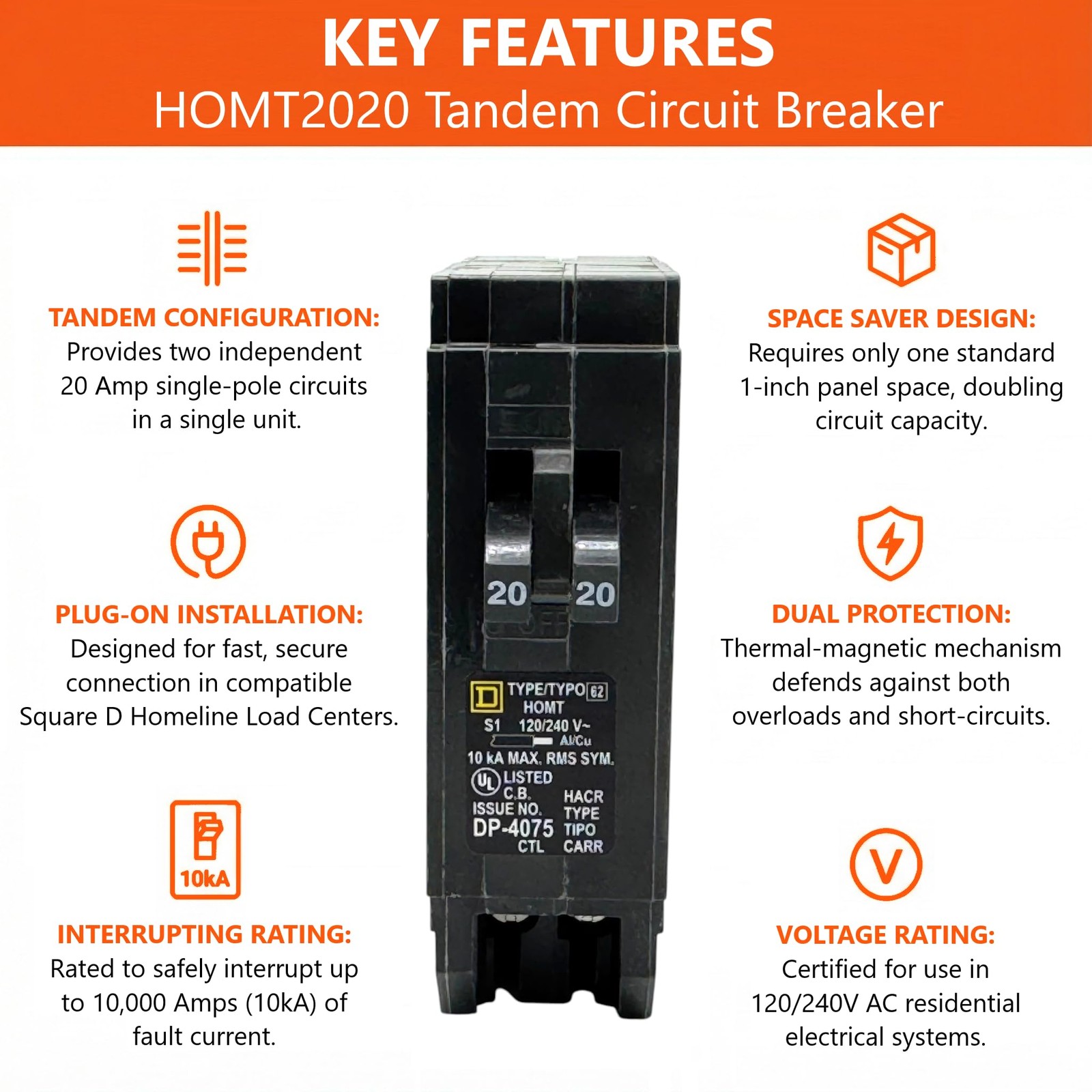 Genuine Square D HOMT2020 Tandem Circuit Breaker Kit (1 Pack), 20/20 Amp (20A/20