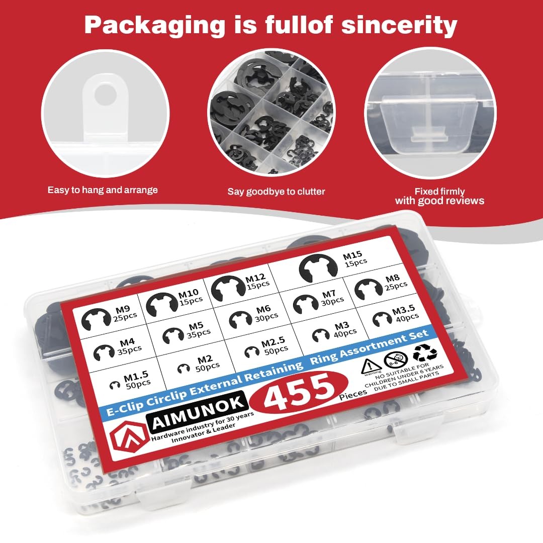 455Pcs E-Clip External Retaining Rings Snap Rings Assortment Set, High Carbon…