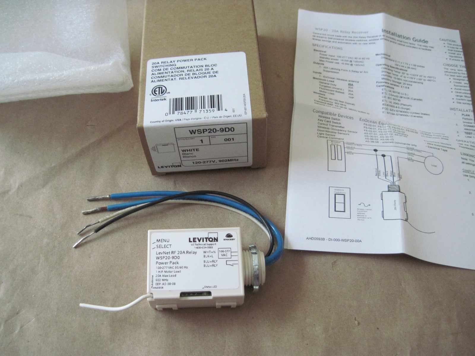 Leviton WSP20-9D0 LevNet RF Wireless Relay 20A Power Pack, 902 MHz, 100-277VAC