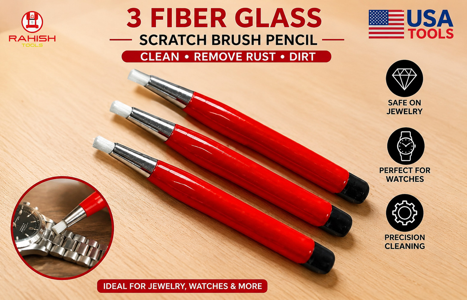 3 Fiber Glass Scratch Brush Pencil Clean Remove Rust Dirt Jewelry Watch TOOLS