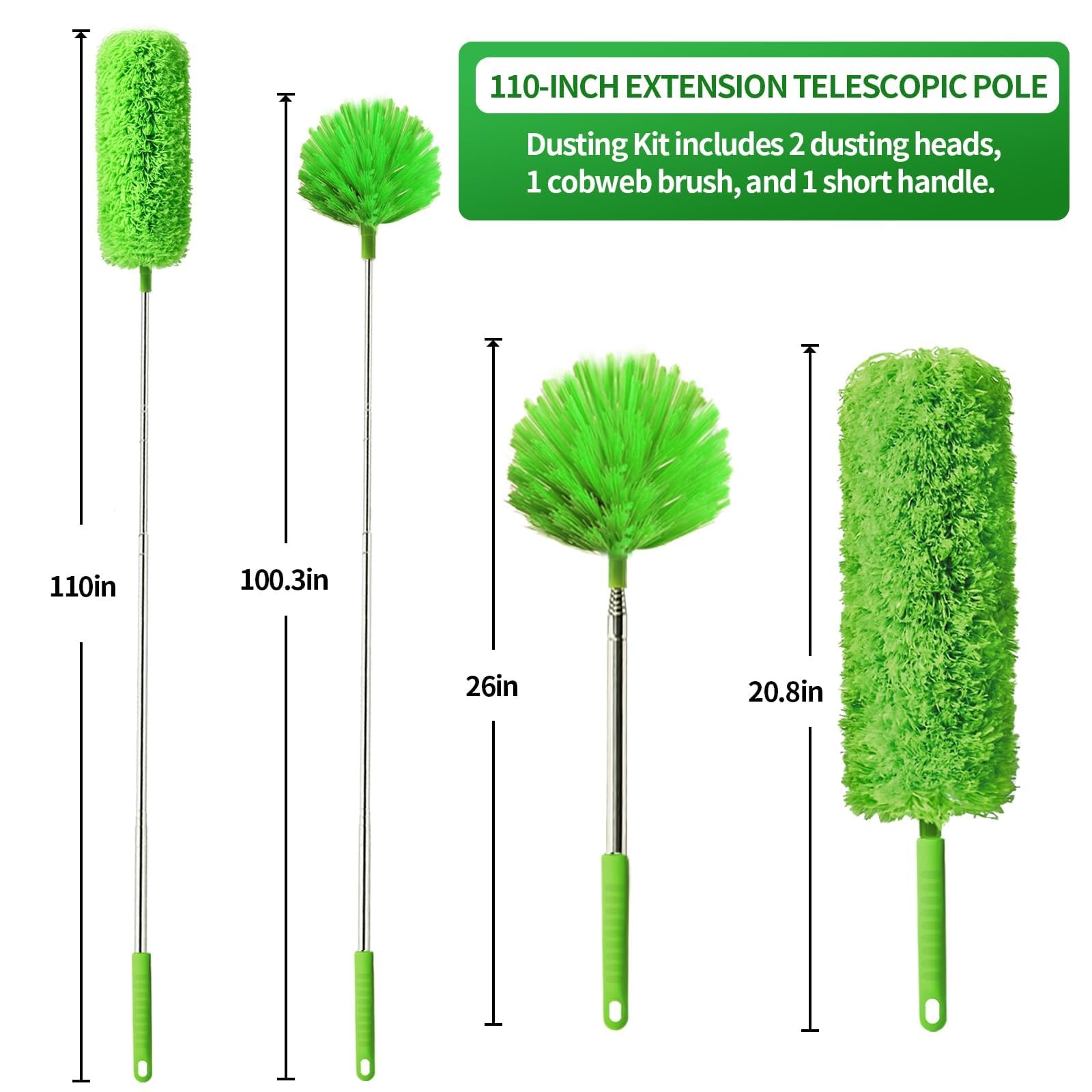 Cobweb Duster with Extension Pole, Washable Cleaning 110 inches, Green