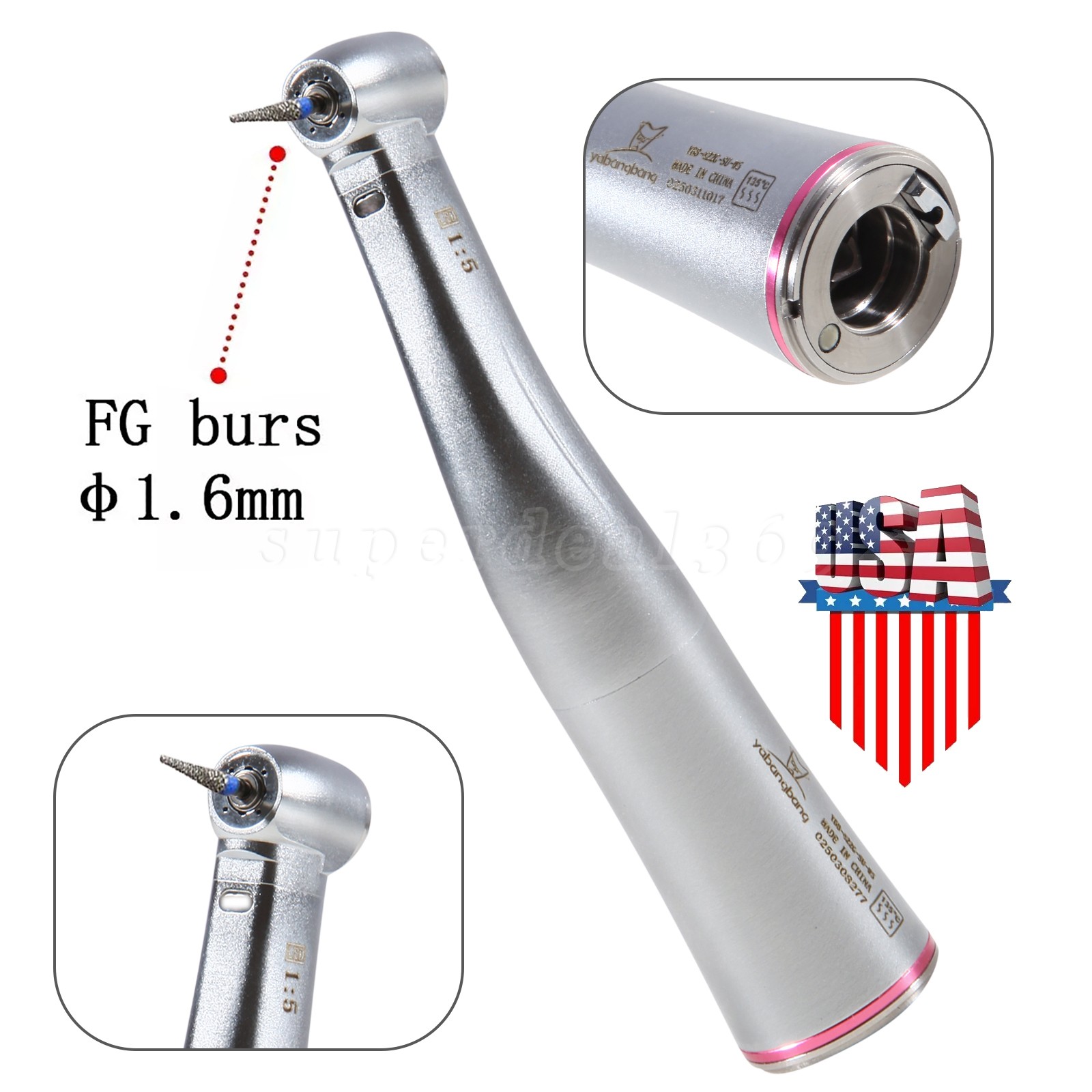 Yabangbang Dental Electric Handpiece 1:5 Contra Angle LED Optic High Speed 1-10