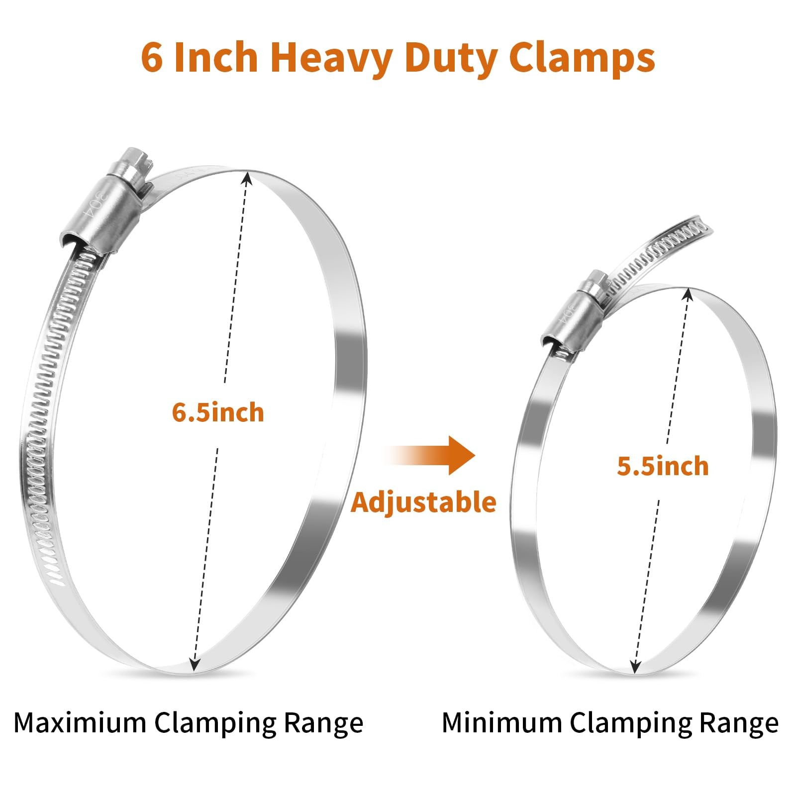 6 Pcs 6 Inch Hose Clamps Stainless Steel Heavy Duty Dryer Hose Clamp Duct Clamps