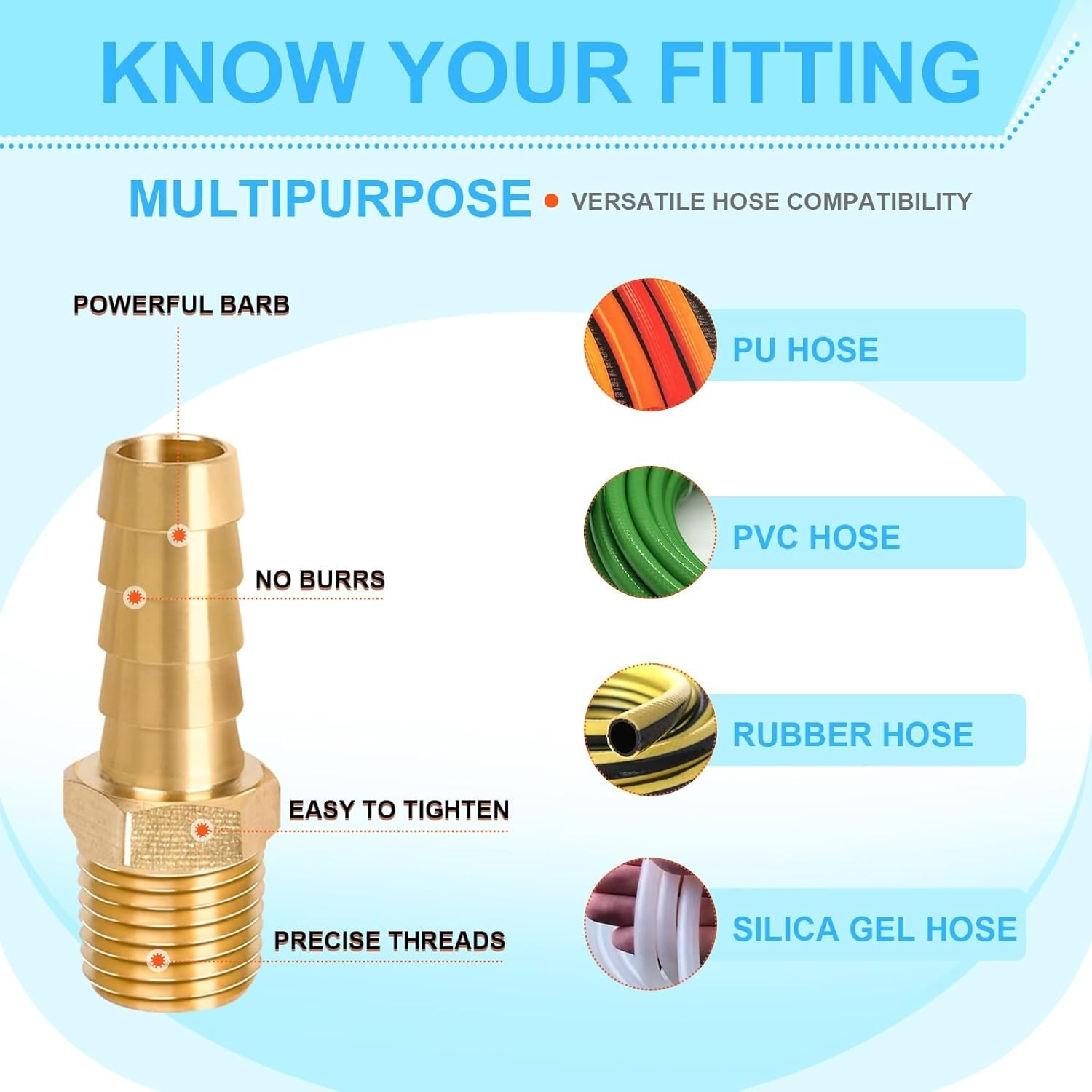 6 Pcs Brass Hose Barb Fittings, 1/4 NPT to 3/8 Barb, Barbed Hose Fittings, Male