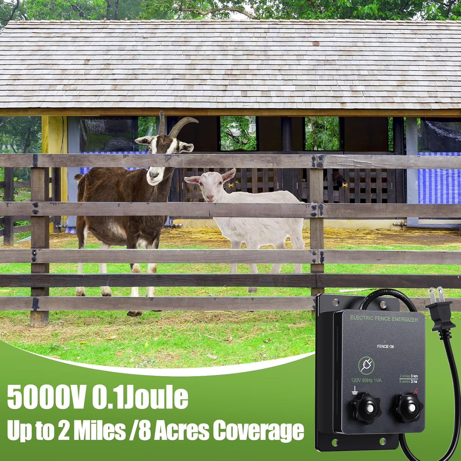 2-Mile 5000V 0.1Joule Electric Fence for Preventing Animals Intruding, 50 Black
