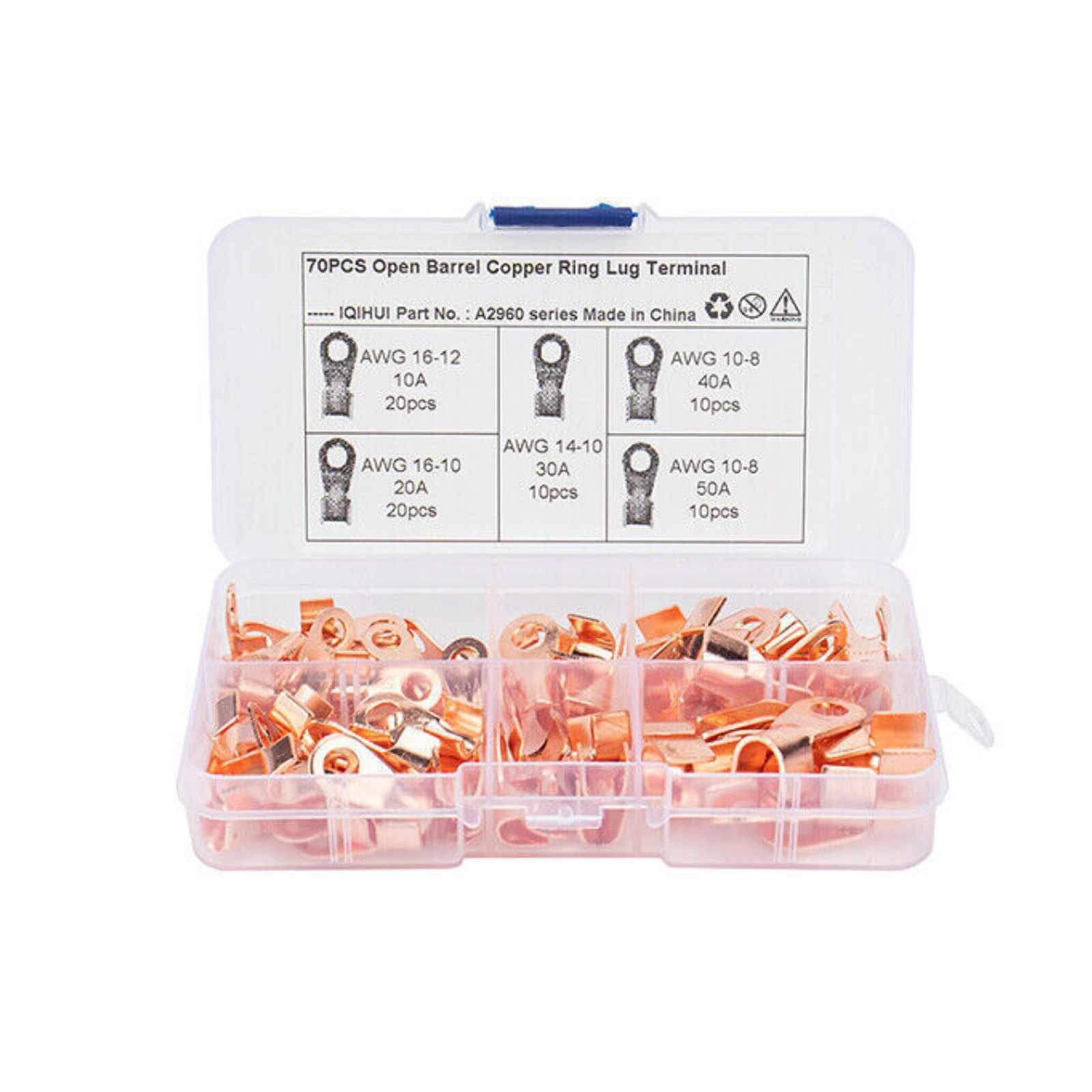 70 IN 1 Heavy Duty Open Barrel Wire Crimp Connector Copper Ring Lug Terminal Kit