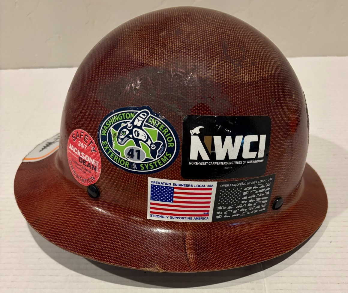 MSA Skull Gard Full Brim Brown Hard Hat w/Union Construction Decals Used w/Wear