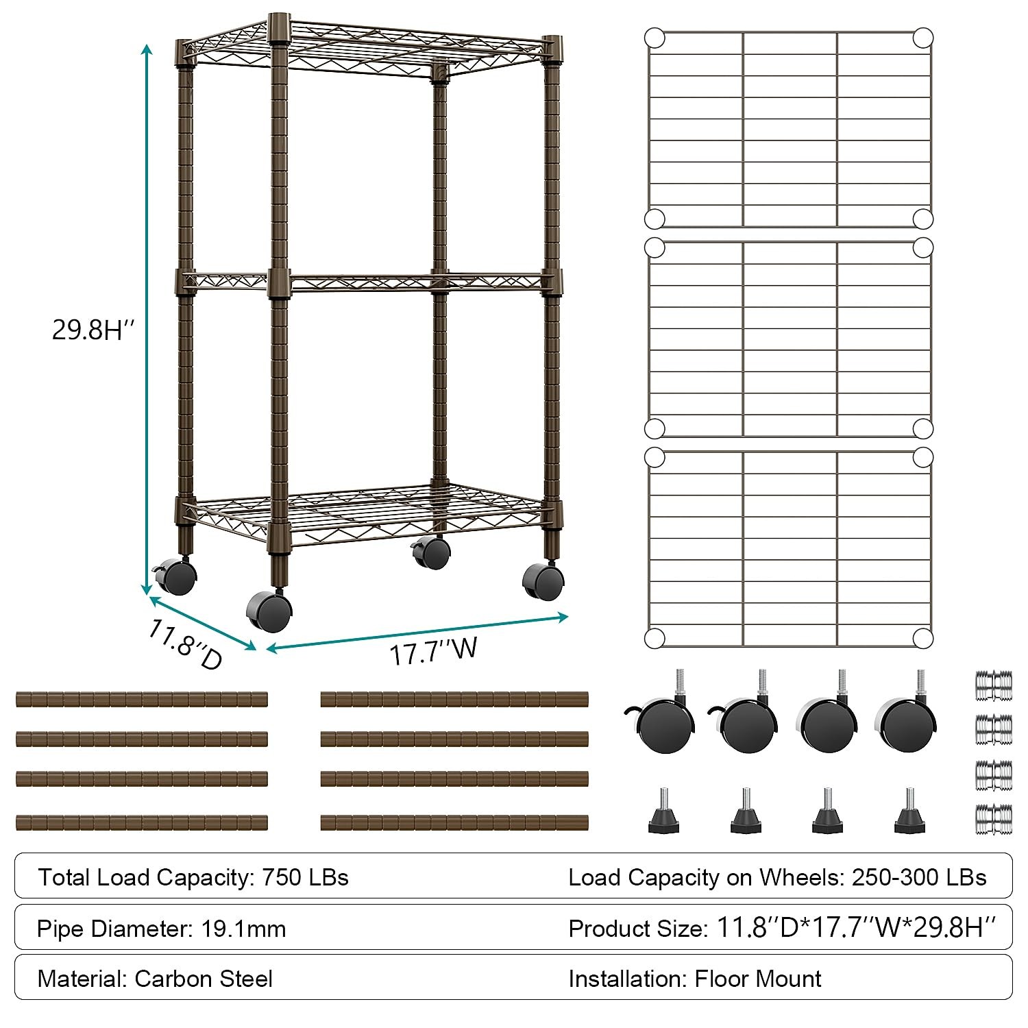 M MZG 3 Tier Shelf Metal Storage 3 tier, 11.8″ D x 17.7″ W x 29.8″ H, Brown