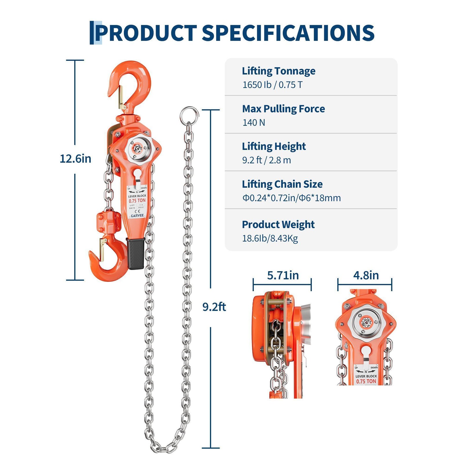 1.5 Ton 3300LBS Lever Chain Hoist Come Along Winch 360 Swivel Hook G80