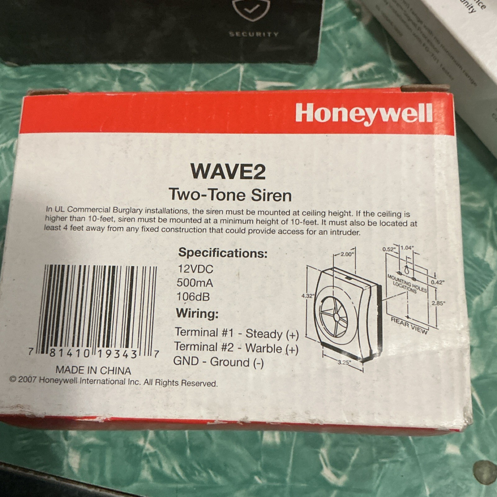 Honeywell WAVE2 Two-Tone Siren 12VDC 500mA 106dB Alarm Speaker
