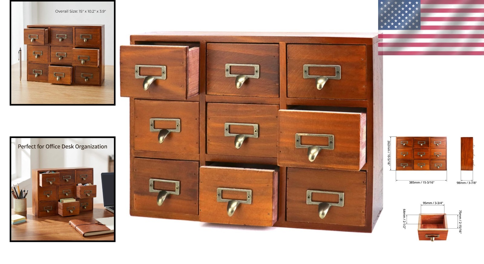 Brown Apothecary Cabinet for Desk Storage with 9 Drawers, No Assembly Required