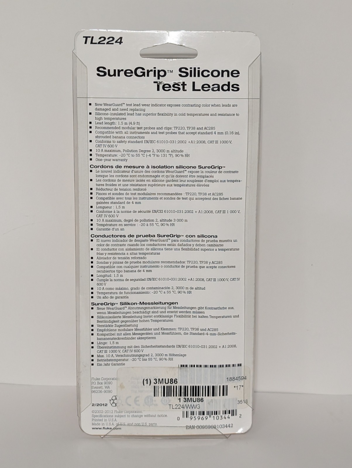 Authentic Fluke TL224 SureGrip Silicone Test Leads 1.5m Right Angle DMM Probes