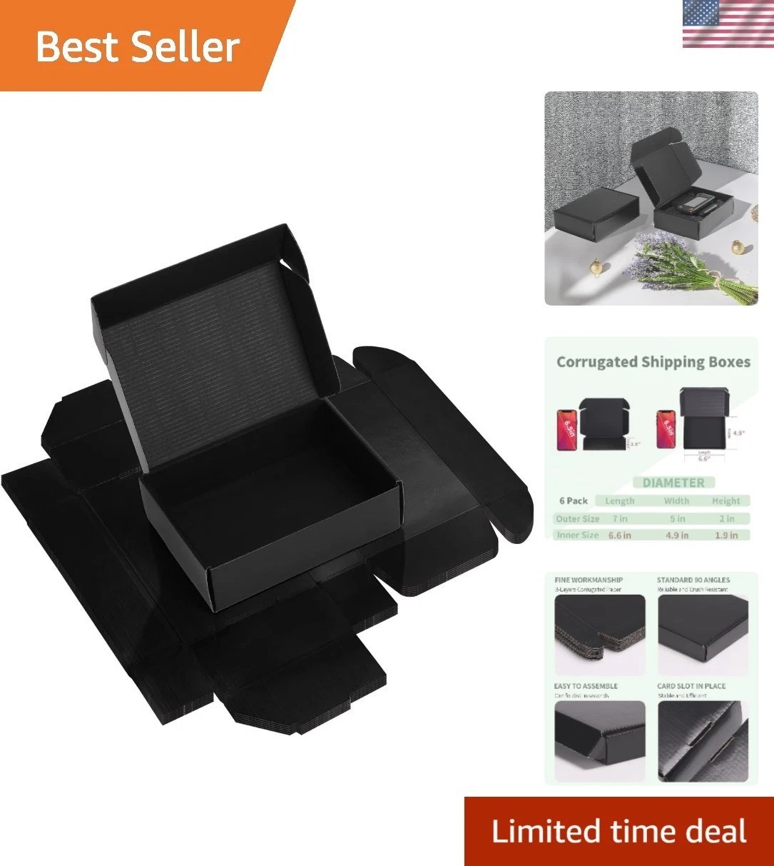 6 Pack Black Shipping Boxes, 7x5x2 Inch Durable Cardboard Mailers for Business