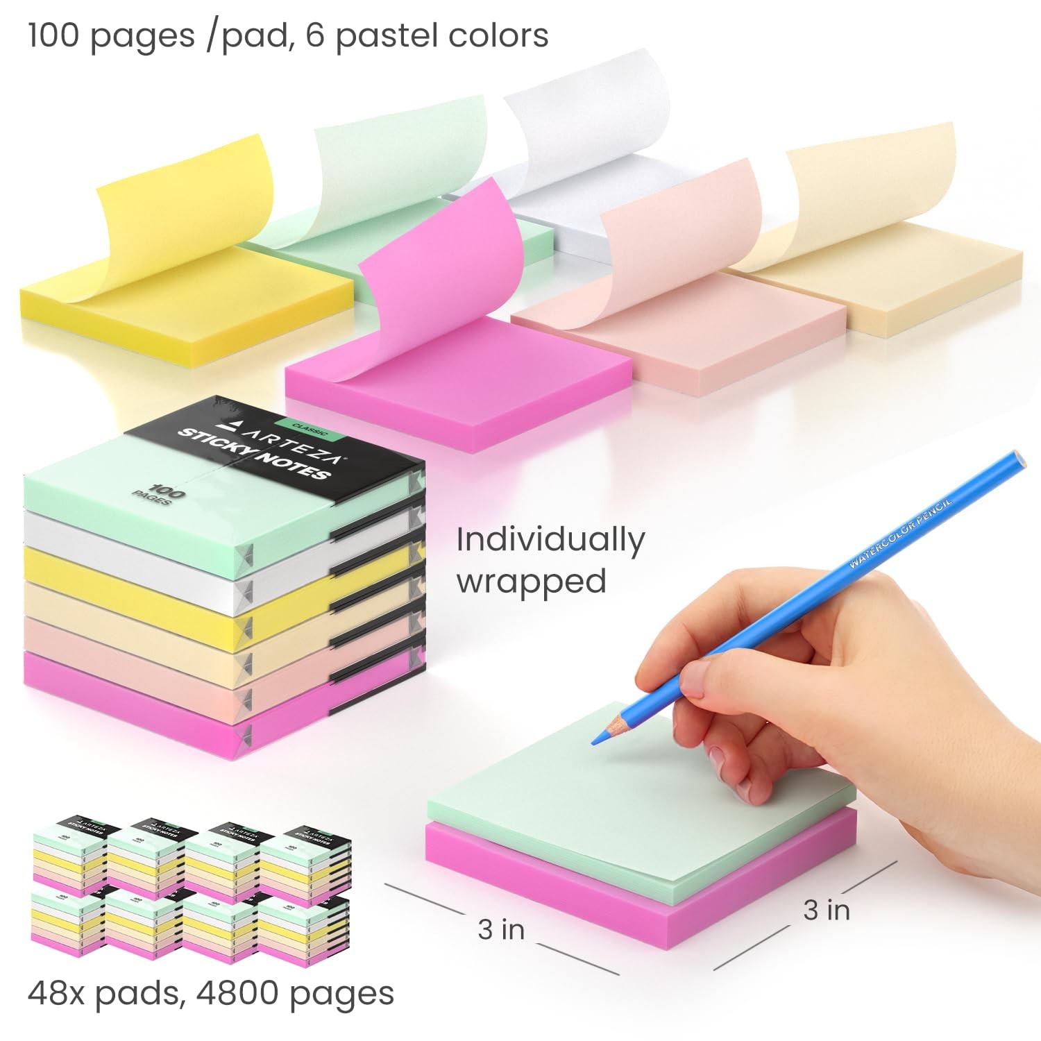 ARTEZA Sticky Notes 3×3 Inches, 48 Sticky Pads, Bulk Sticky Note Pads, Assorted