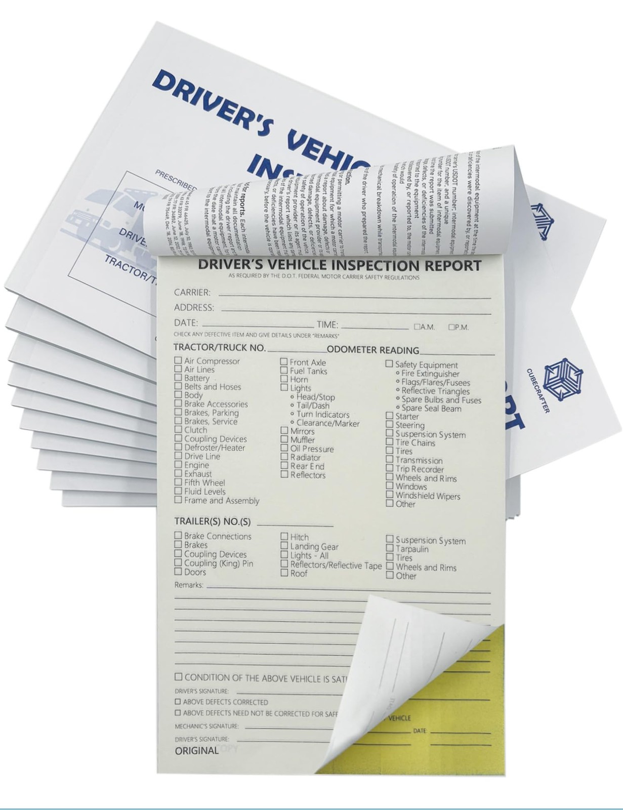 Detailed Driver’s Vehicle Inspection Report 10 Pack Book Format 2-Ply Carbonless