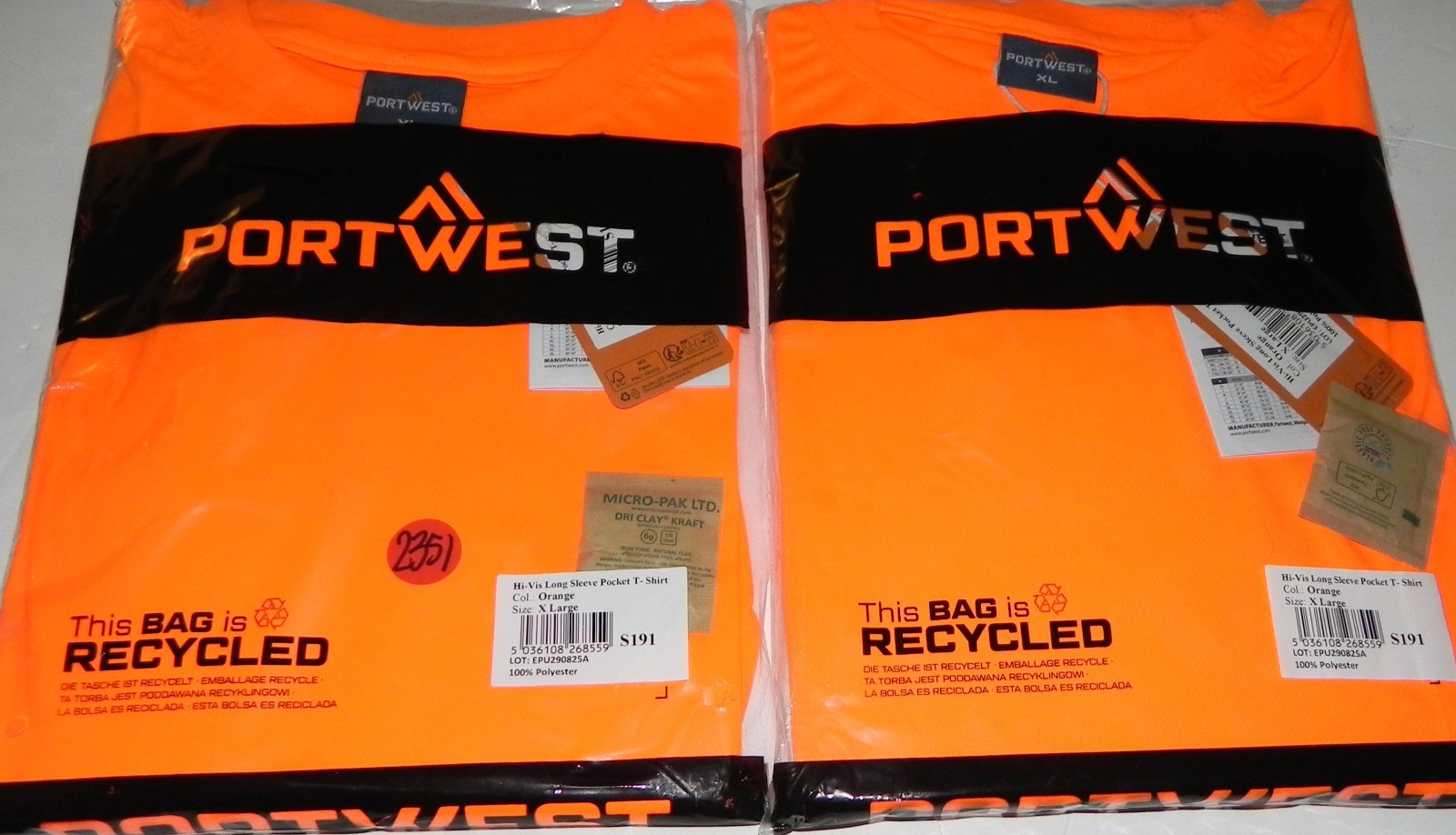 Portwest hi-vis long sleeve t-shirt Orange XL with pocket Qty 2 NIP