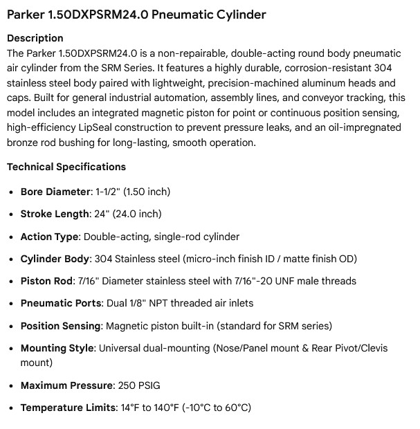 1 NEW PARKER 1.50DXPSRM24.0 PNEUMATIC CYLINDER NNB ***MAKE OFFER***