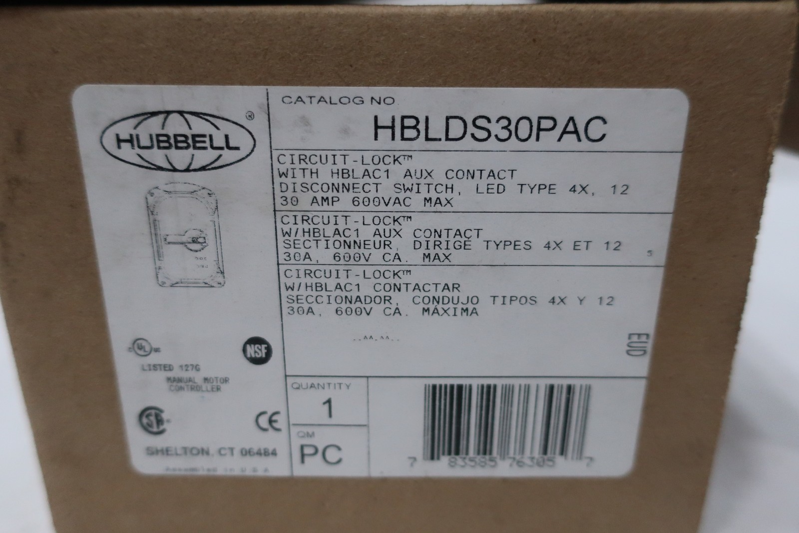 Hubbell HBLDS30PAC Circuit-lock Disconnect Switch 30a Amp 600v-ac