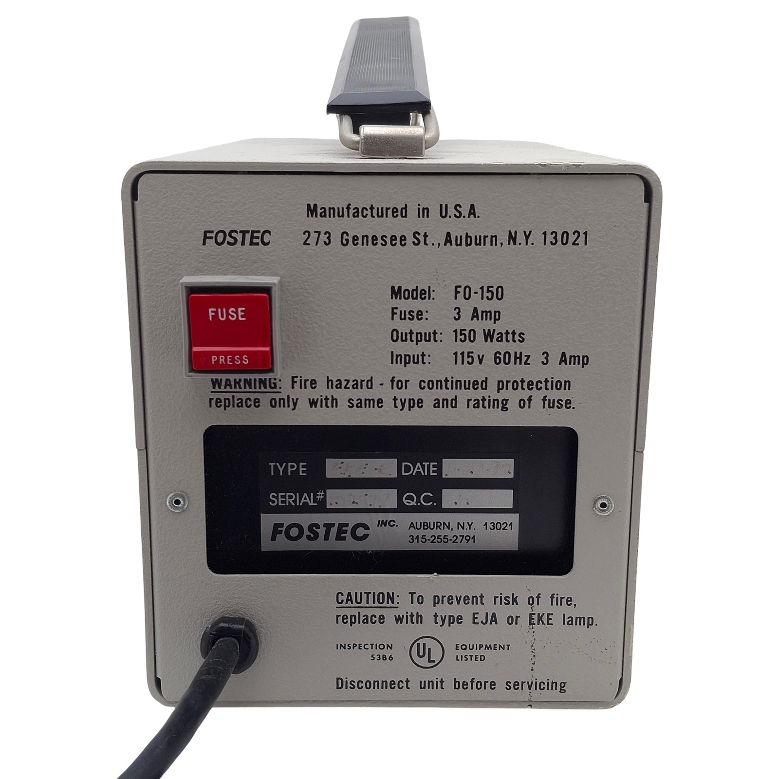 Fostec FO-150 Fiber Optic Illuminator, ø16mm Port, 150W, 115VAC, 3A Fuse