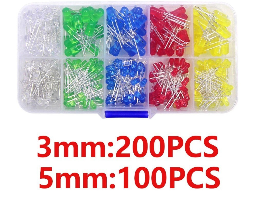 300Pcs 5mm 3mm LED Light Kit Yellow White Blue Red Green Assortment with Case