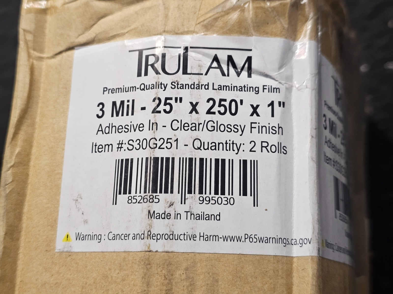 (QTY 2) TruLam Standard 3 Mil Clear 25″x 250′ x 1″ Core Laminating Film Glossy