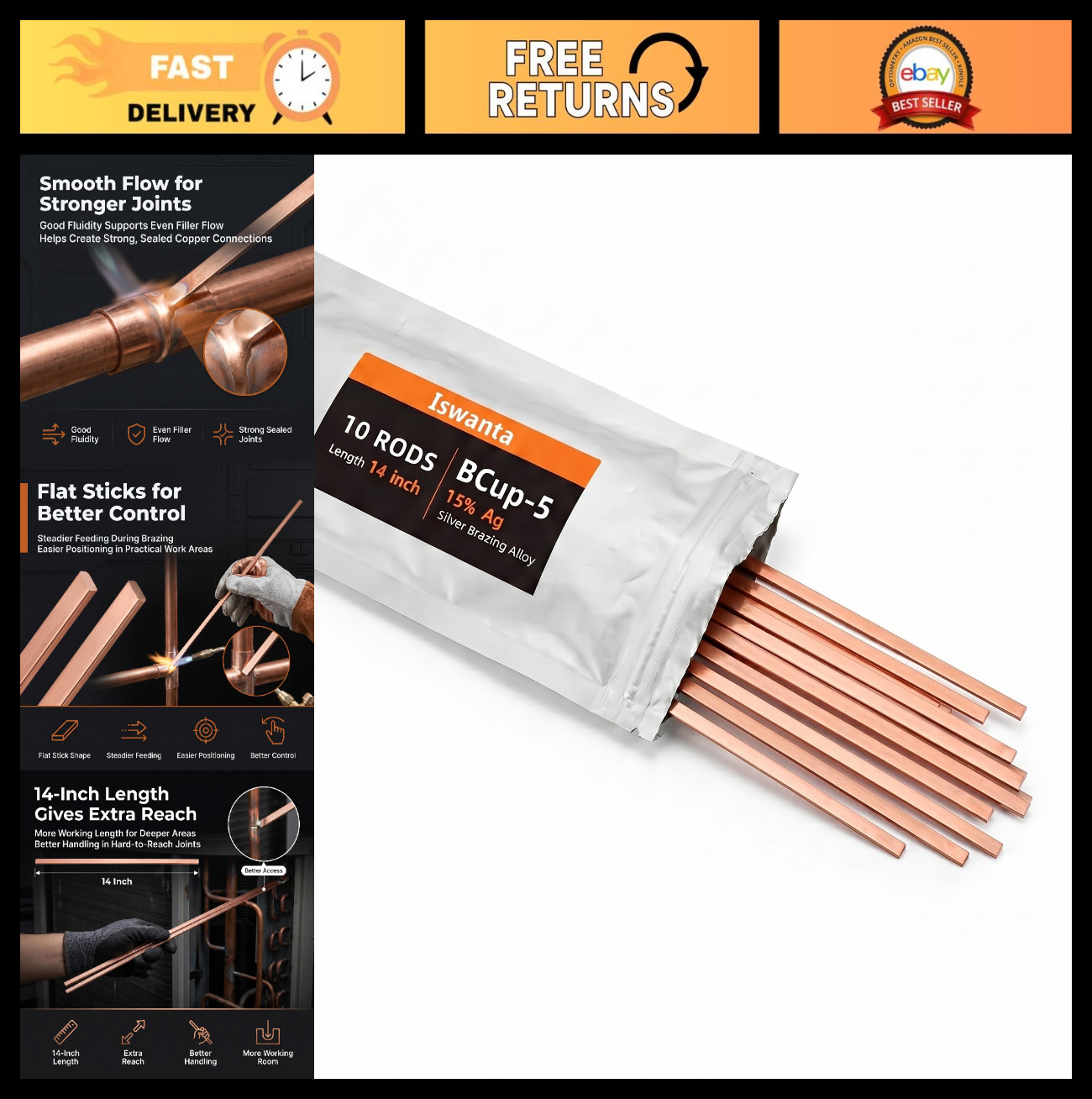 15% Silver Brazing Rods – 10 Flat Sticks 0.050″ x 1/8″ x 14″ for HVAC, AC, Refri