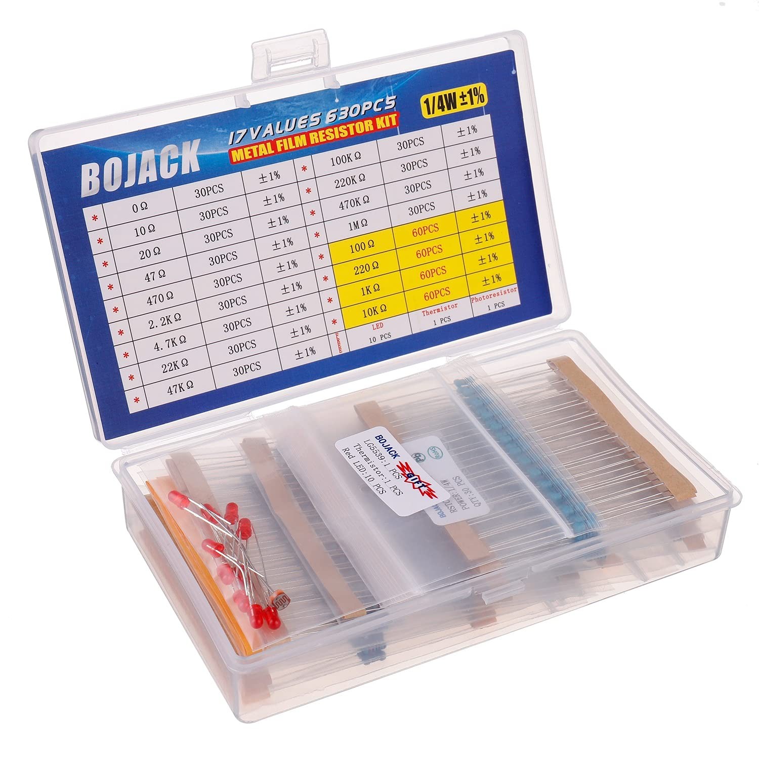 BOJACK 630 Pcs 17 Values Resistor Kit 0 Ohm-1M Ohm with 1% 1/4W Metal 1/4 W