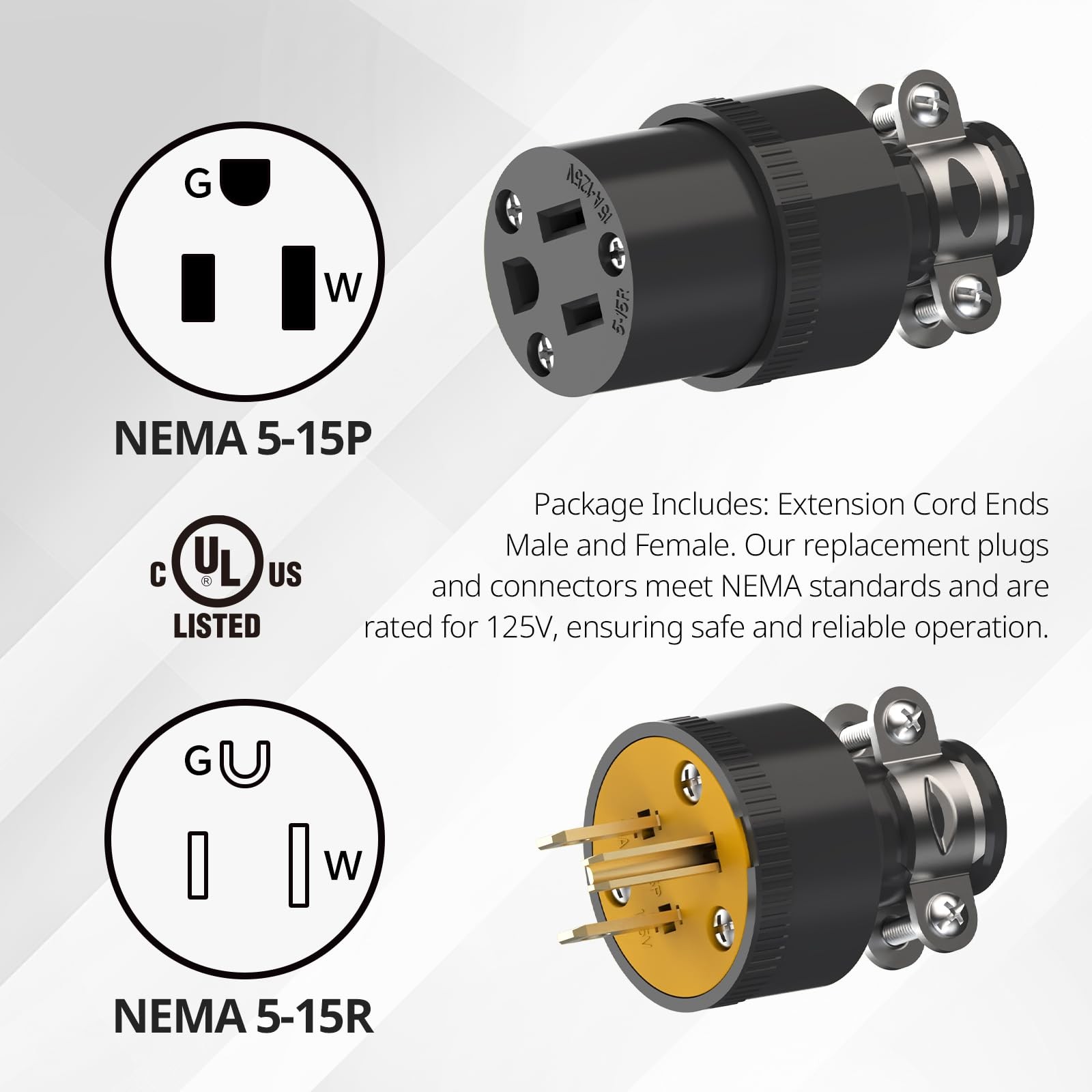 Black 3 Prong Male Extension Cord Replacement Plug Electrical End