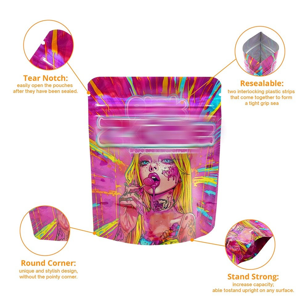 100pcs Cartoon Candy Holographic Mylar Bags 3.5g Smell Proof Zipper Pouches
