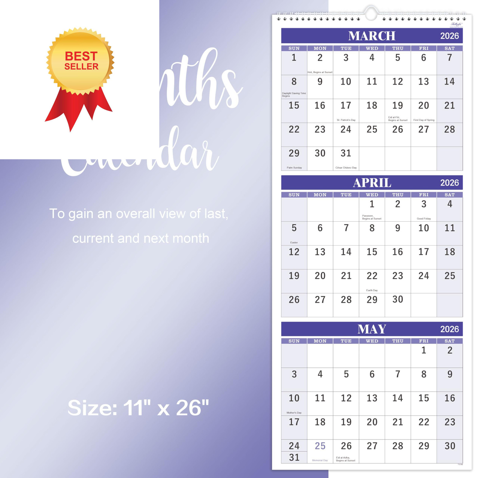 2026 Wall Calendar – 3 Month Display (Folded in a Purple