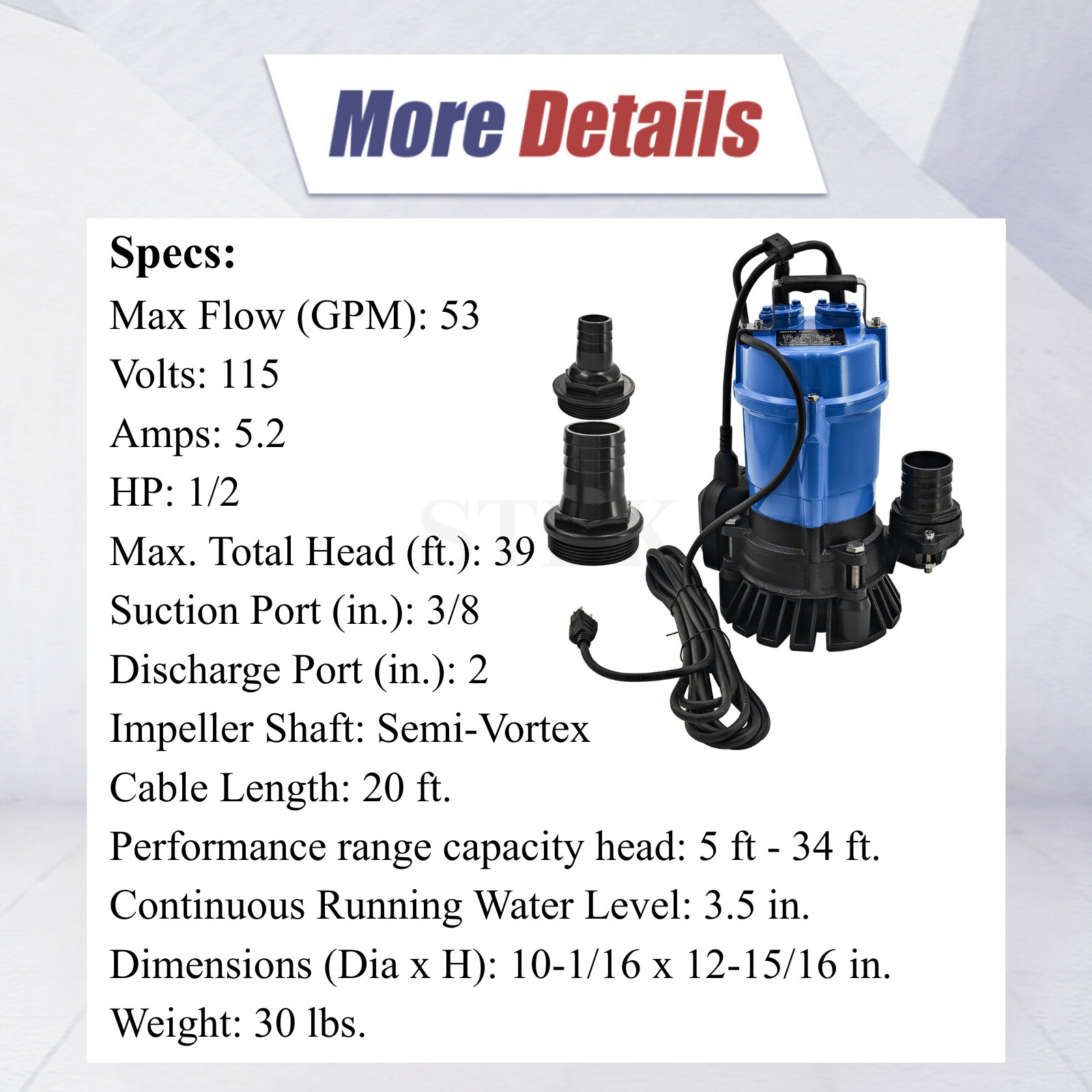 For Tsurumi HS2.4S62 Cast Iron Submersible Trash Water Pump 3000 GPH 1/2 HP 2in