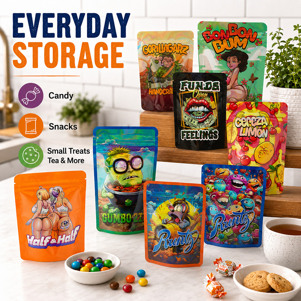 3.5g Mixed Smell Proof Mylar Stand Up Bags Zip Seal Food Storage Pouches 100pcs