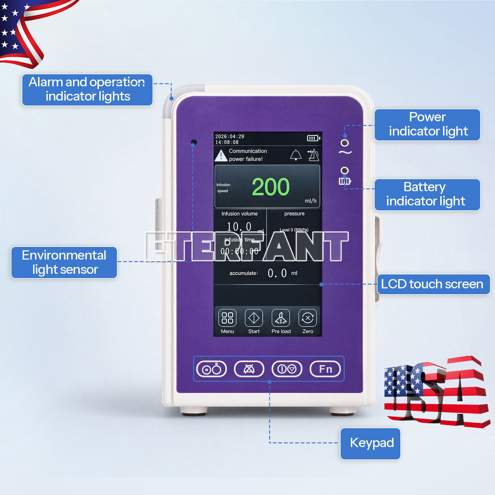 Portable 6-mode LCD Touch Screen Enteral Feeding Pump with Adjustable Pole Clamp