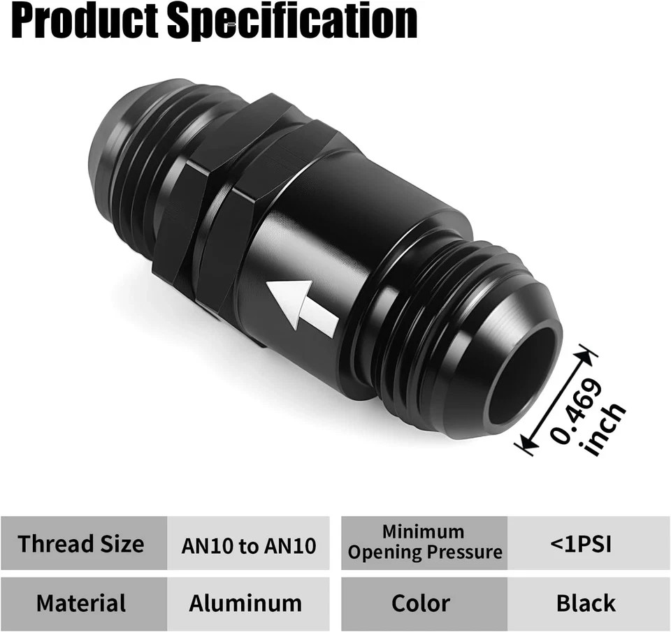 AN10 One Way Check Valve Inline Fitting Aluminum Black 2PCS Fuel Oil