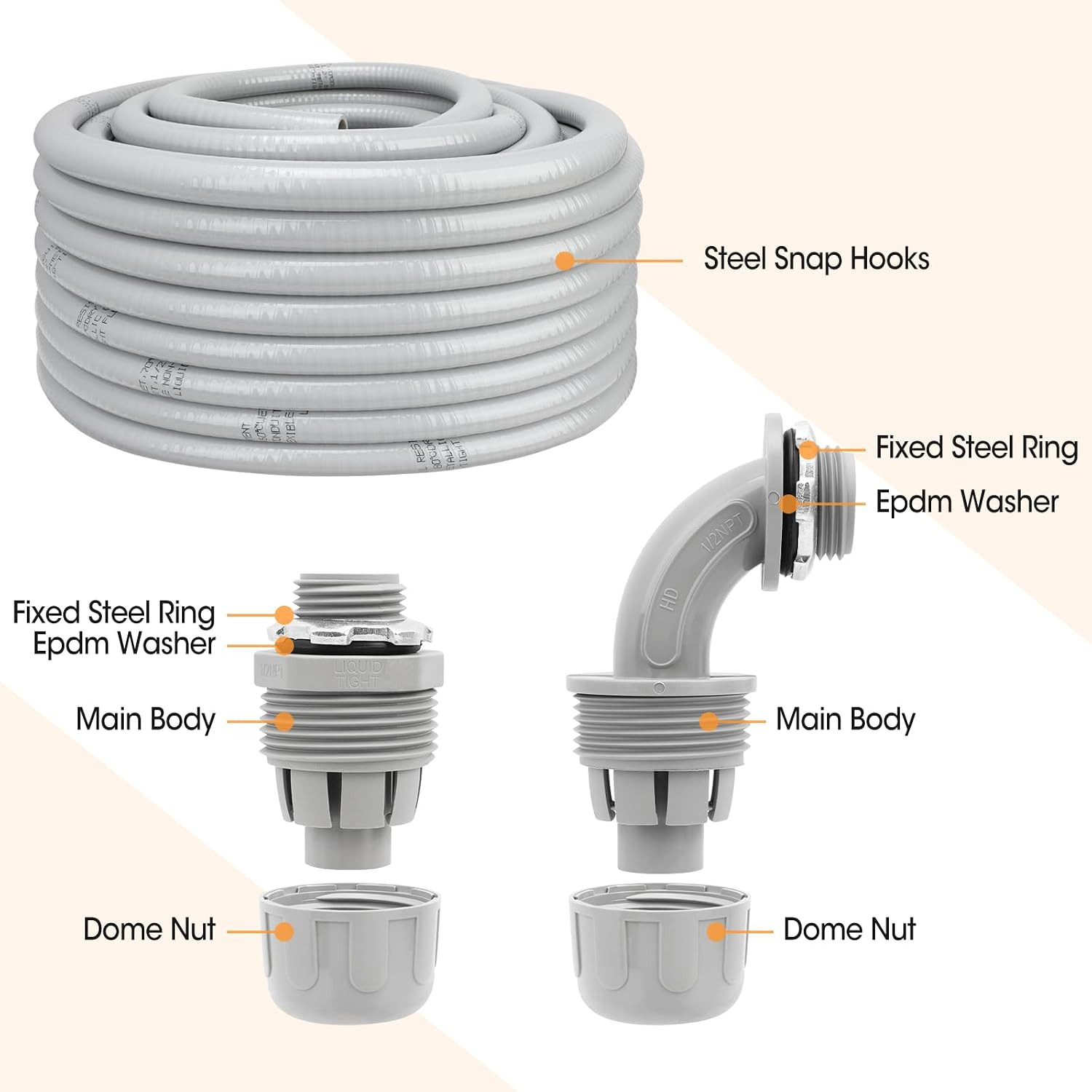 100FT Liquid-Tight Conduit and Connector Kit, 1/2 Flexible Non Metallic Electric
