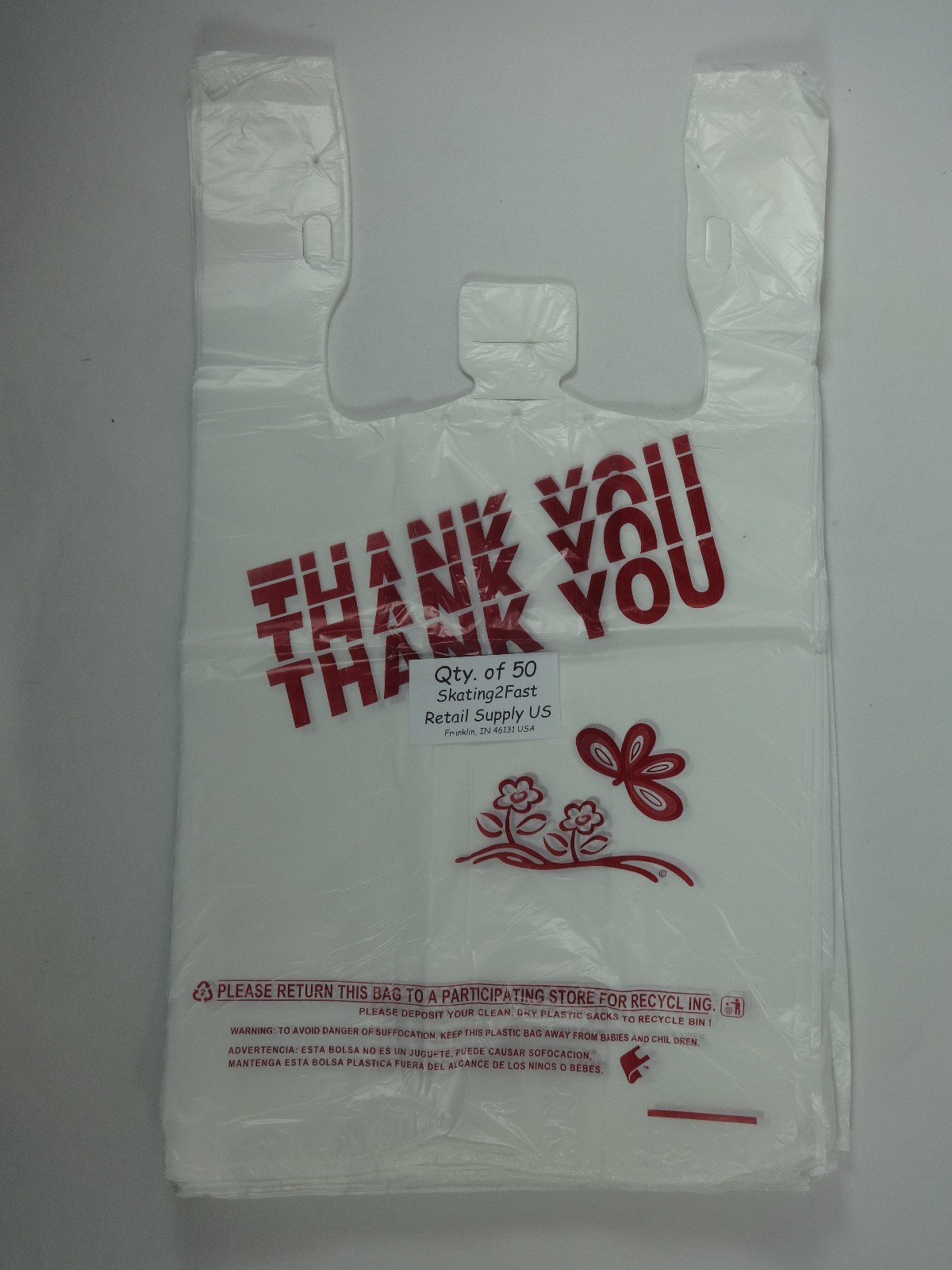 Qty. 50 THANK YOU T-Shirt Bags Plastic 11.5″ x 6.25″ x 21″ Retail Shopping