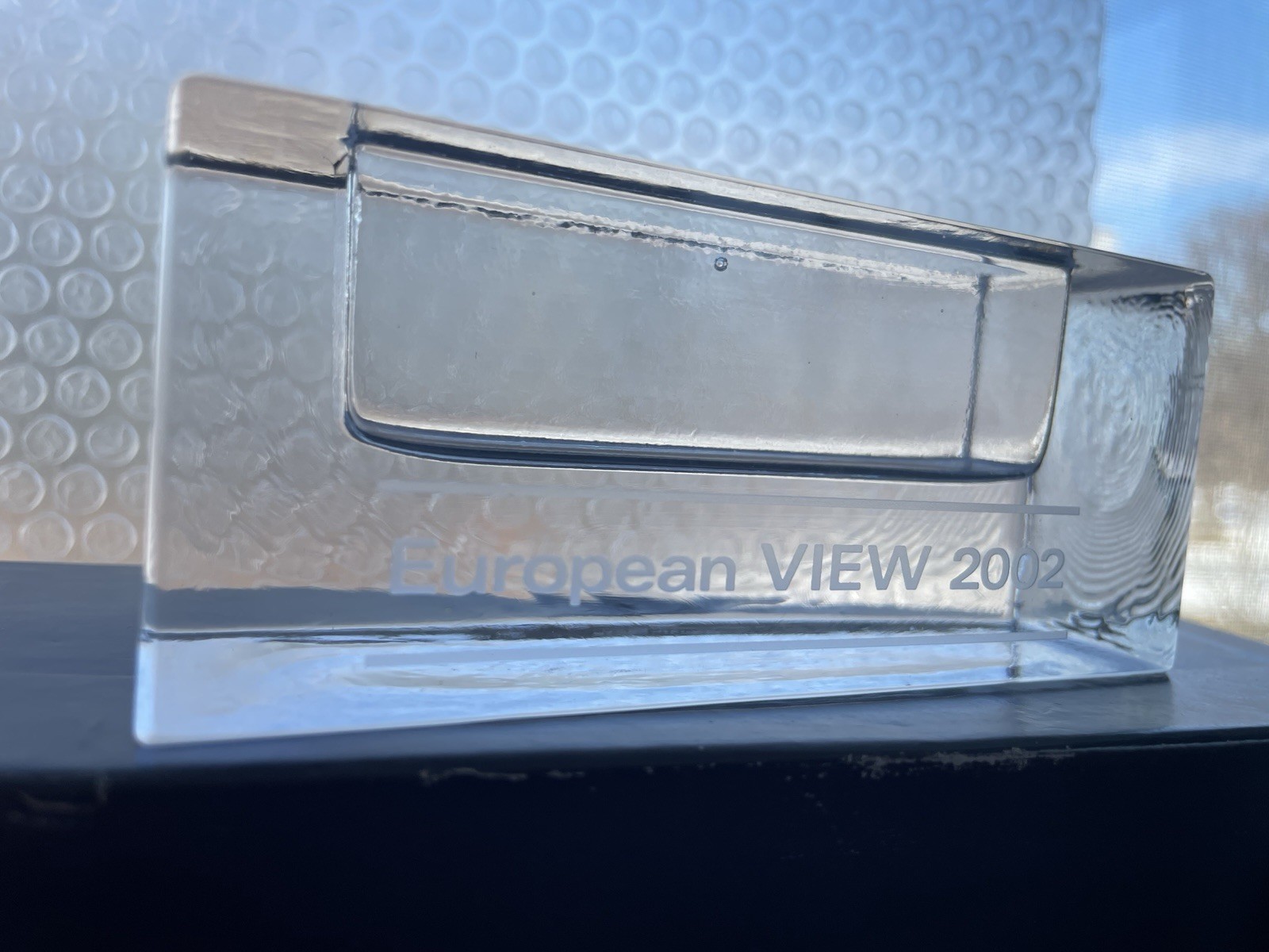 VTG Simon Pearce European View 2002 Etched Glass Business Card Holder Conference