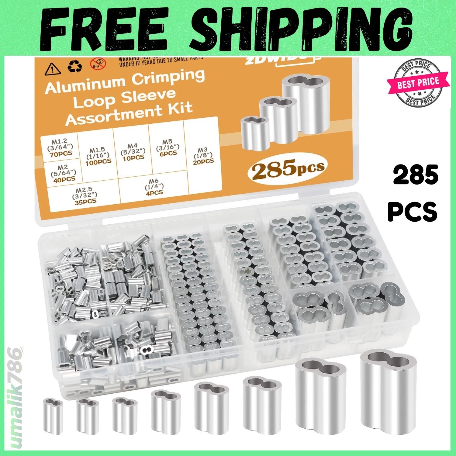 285PCS 8 Sizes Aluminum Crimping Loop Sleeve Cable Crimps, 3/64” 1/16” 5/64”