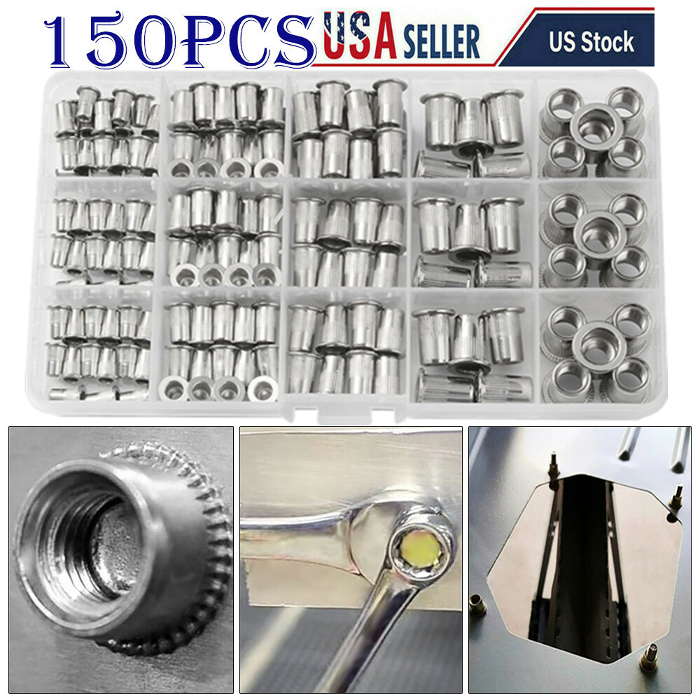 150Pcs RIVET NUT Flat Head Threaded Insert Stainless Steel Nutsert Set Kit