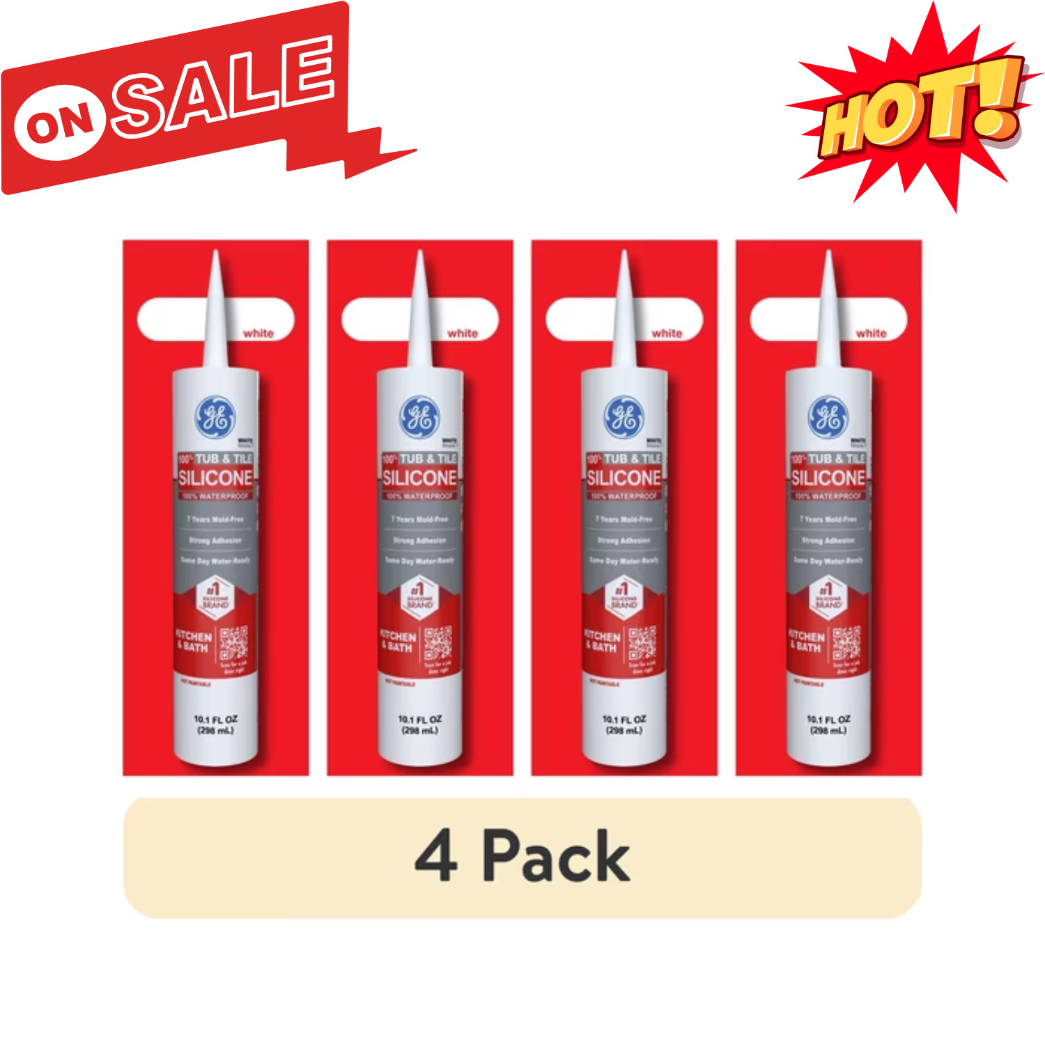 4 Pack GE Silicone 1 Tub & Tile Sealant White 10.1 fl oz Cartridge Box New