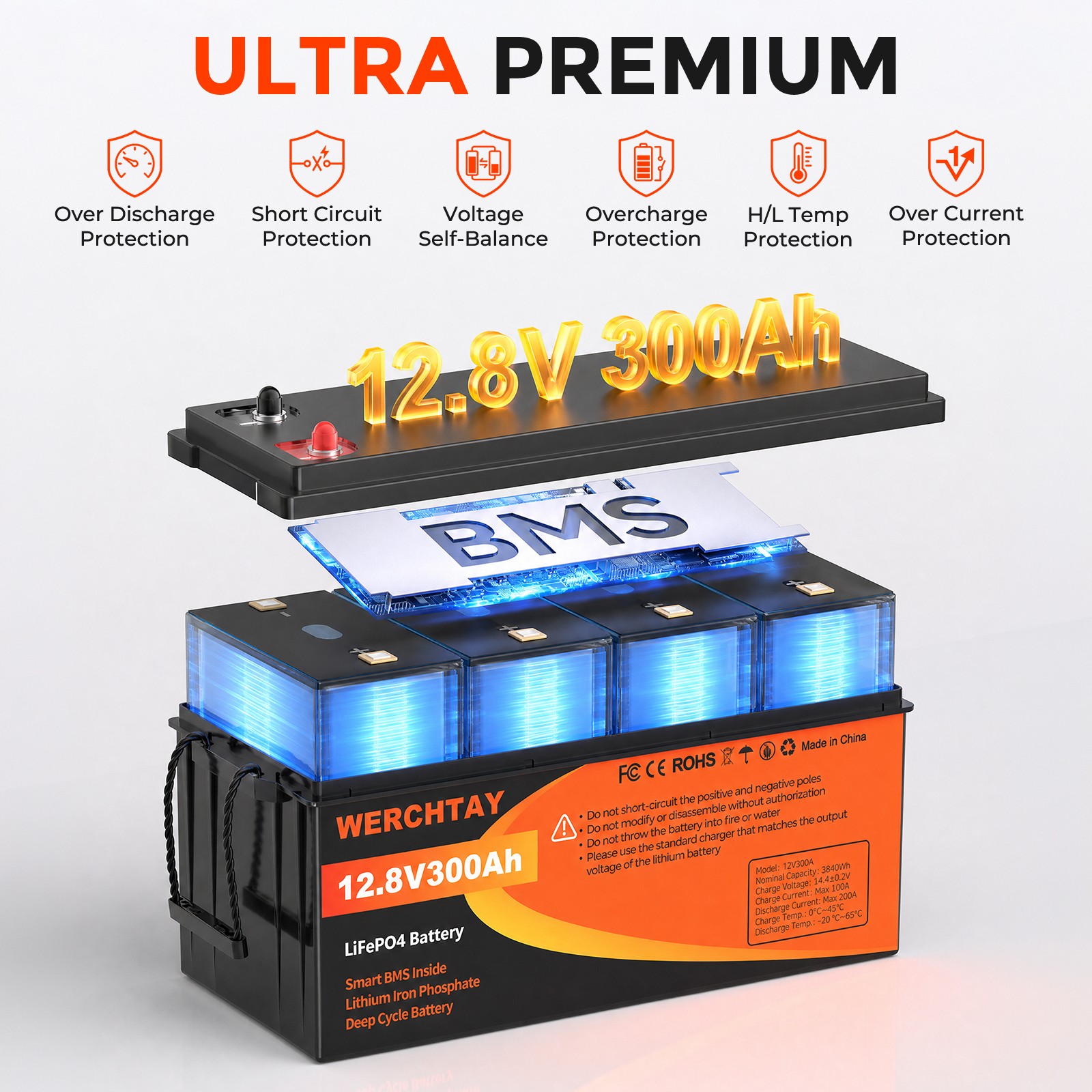 WERCHTAY 12V 300Ah LiFePO4 Battery Deep Cycles 3840Wh 200A BMS for RV Solar Boat