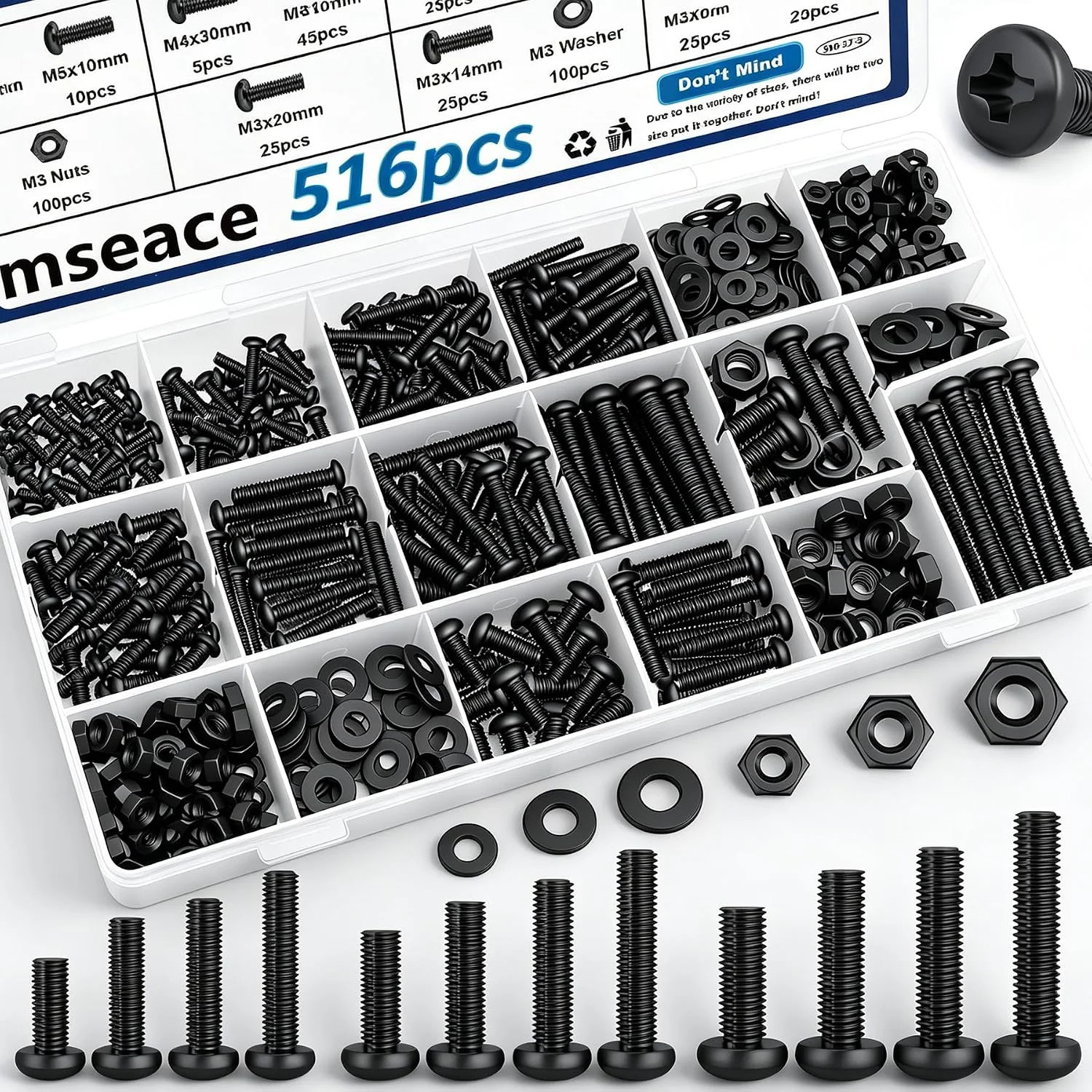 smseace 516Pcs Black Nuts and Bolts Assortment Kit 21-Sizes M3 M4 M5 M6 Washer