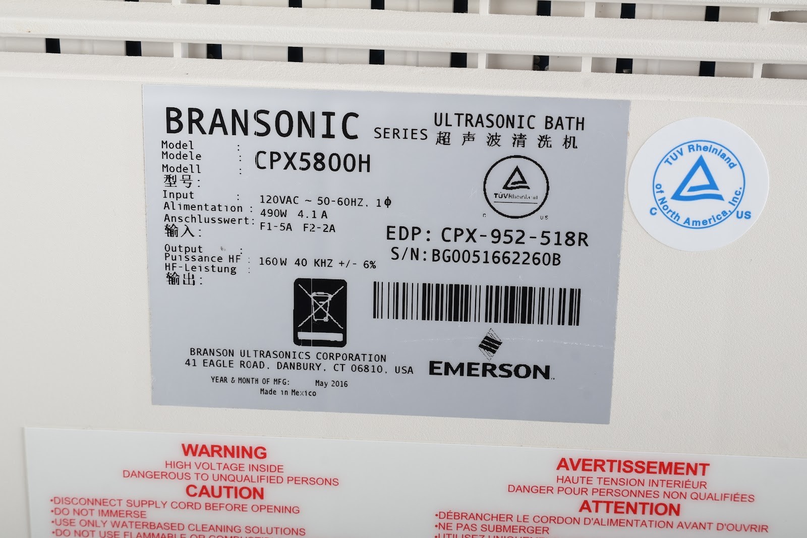 Branson CPX5800H Digital Heated Ultrasonic Cleaner With Lid and Power Cable