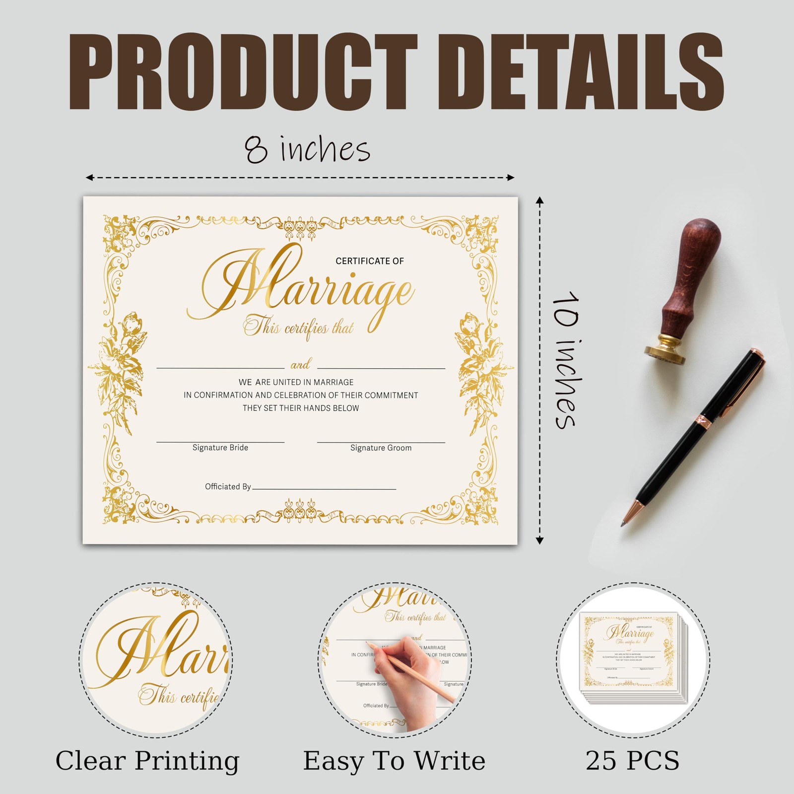 Marriage Certificates with Gold Foil Edges – 8 x 10 Inches Blank Certificate …