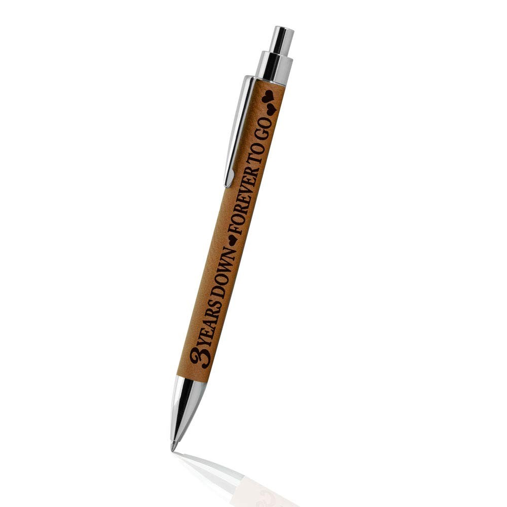 3rd Wedding Anniversary Engraved Leather Pen “3 Years Down” Gift for Her
