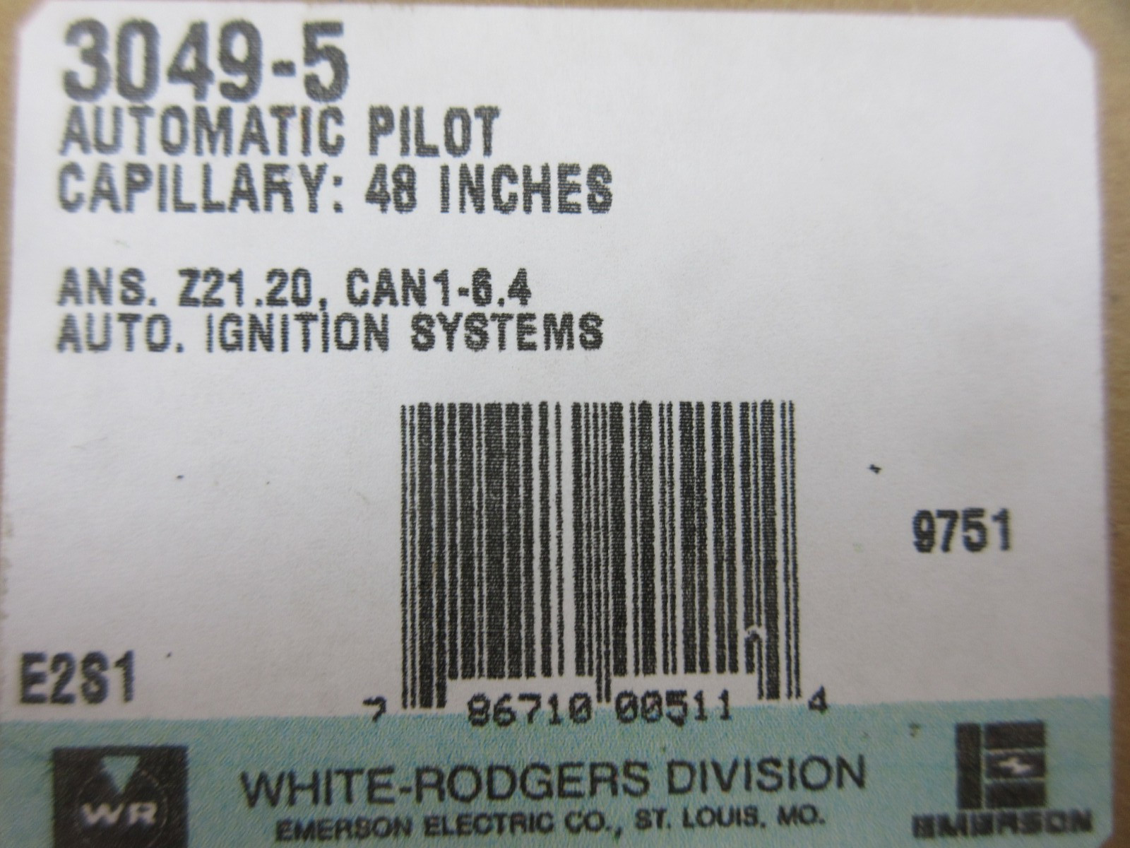 WHITE RODGERS 3049-5 AUTOMATIC PILOT FLAME SENSOR 48″ CAP. 3 SPADE TERMINAL
