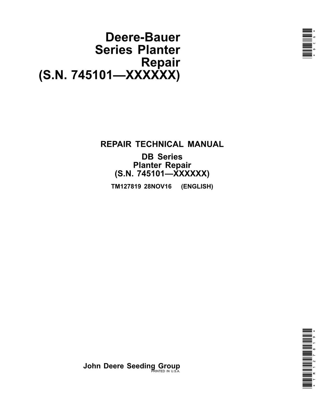 JONH DEERE DB66 DB74 DB80 DB83 DB88 DB90 PLANTER REPAIR SERVICE MANUAL TM127819